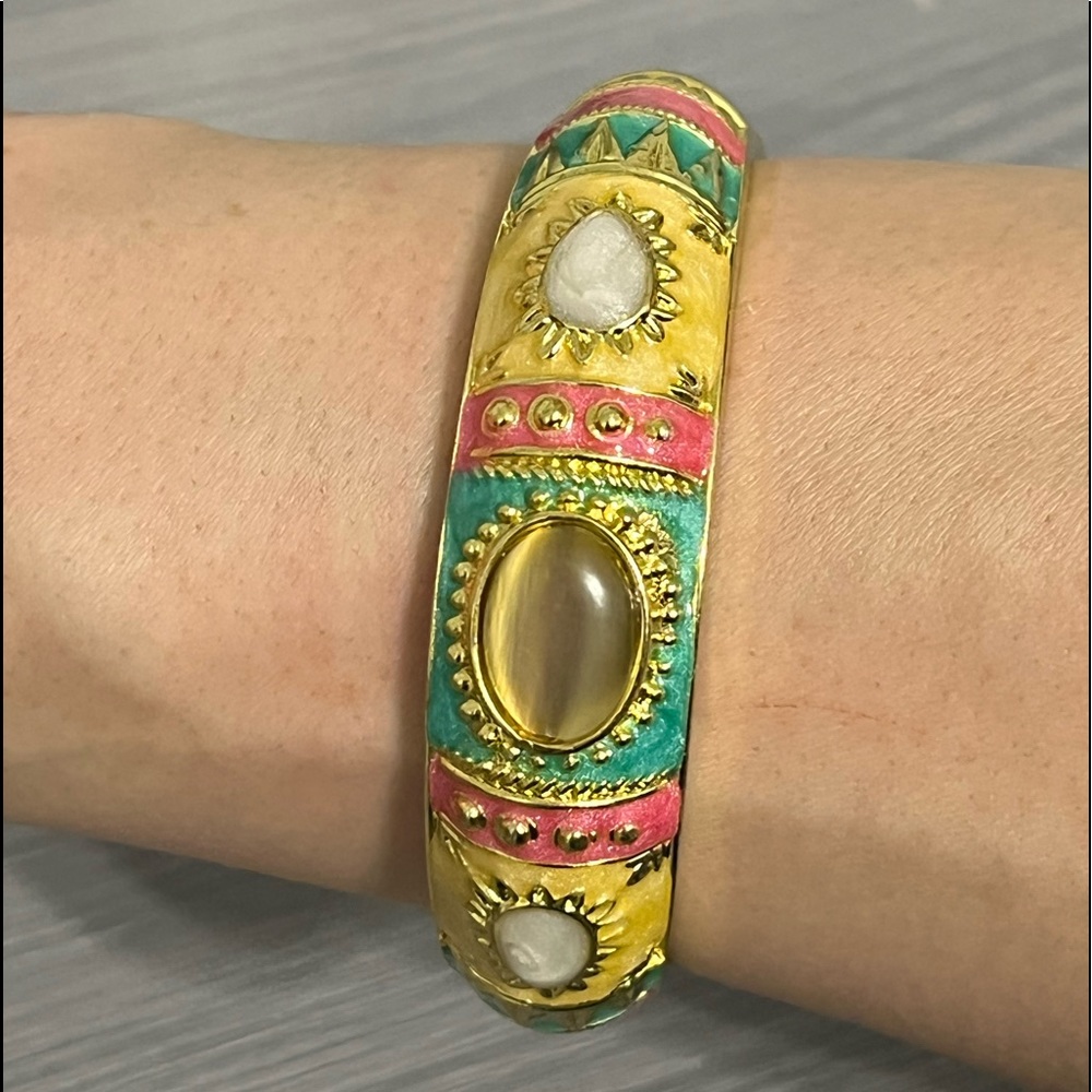 Gold and Multicolor Enamel Hinged Bangel Bracelet w/ Stones, Yellow, Green, Pink